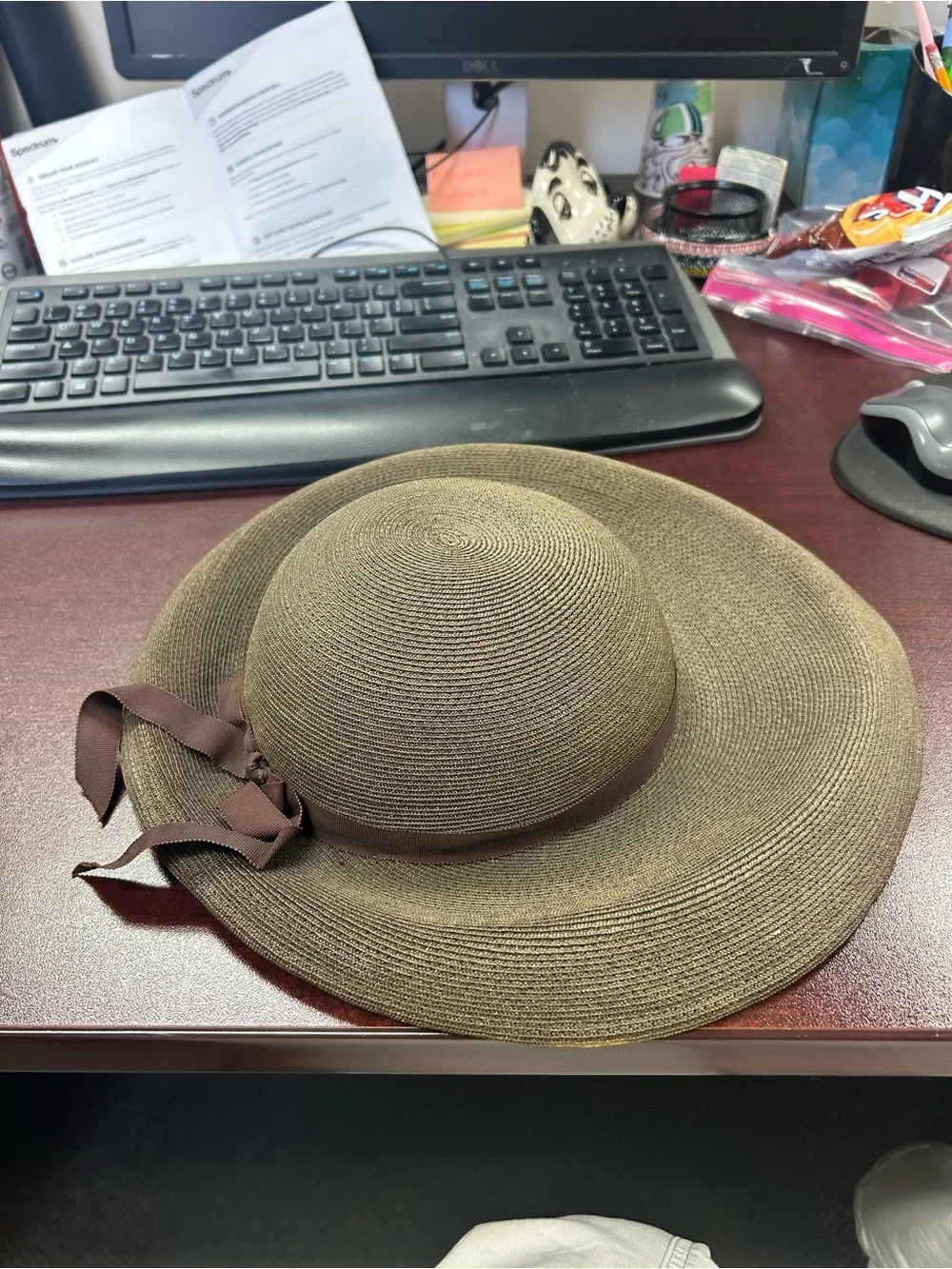 Betmar Brown Wide-Brim Straw Sun Hat with Ribbon and Bead Accent
